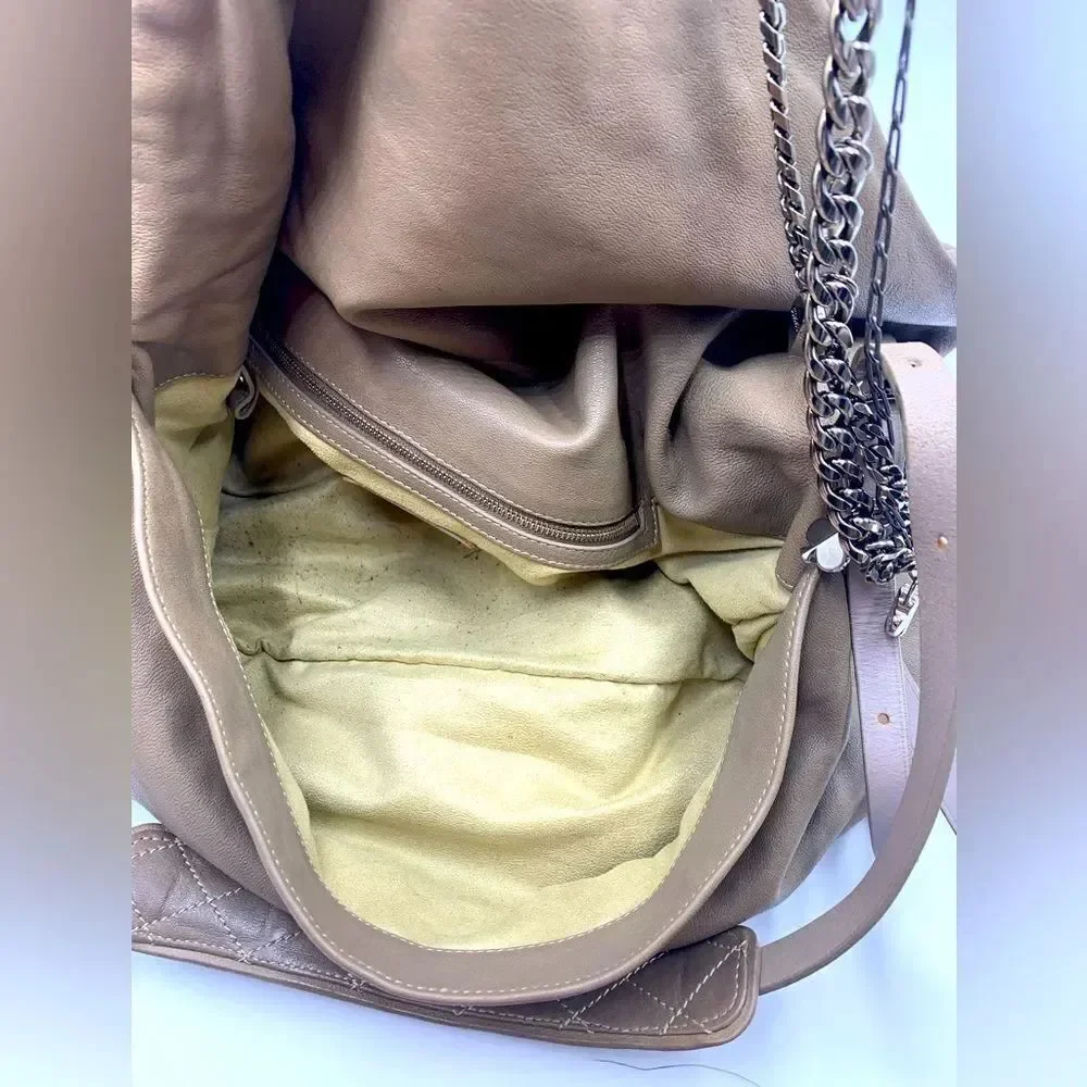 Auth Jimmy Choo Taupe Biker Chain Relaxed Hobo Bag. Excellent Preloved Satchel.